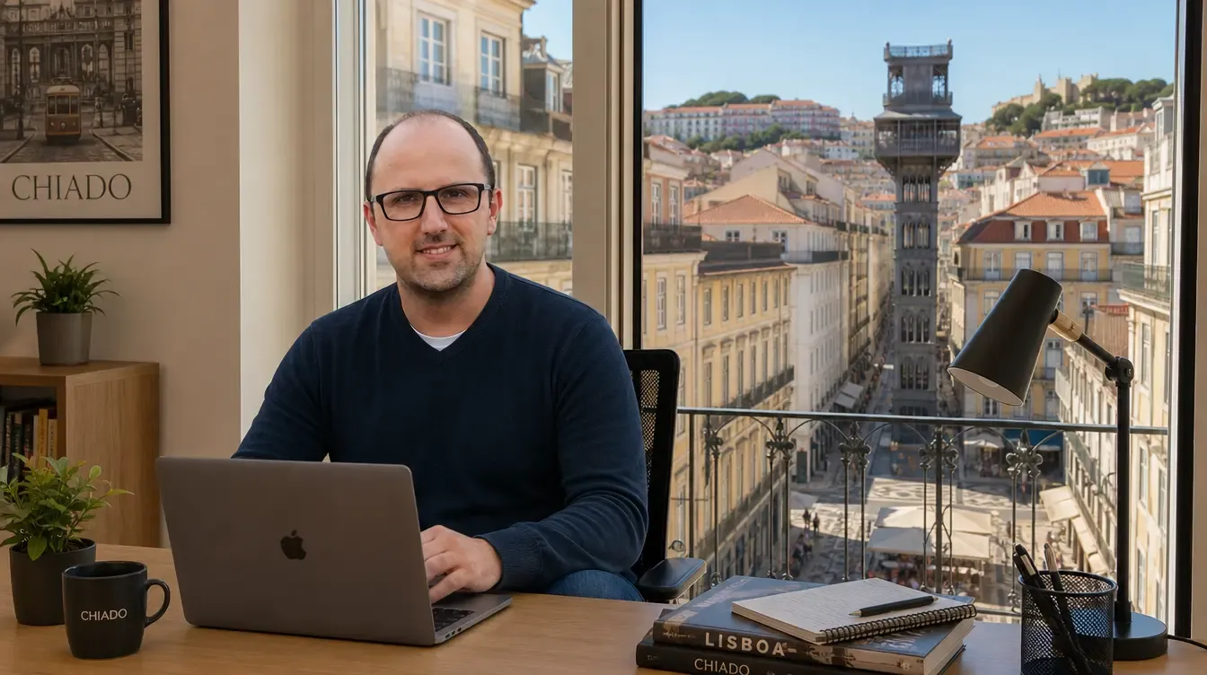 Ricardo Morais, consultor SEO, a trabalhar em Lisboa com o Elevador de Santa Justa ao fundo